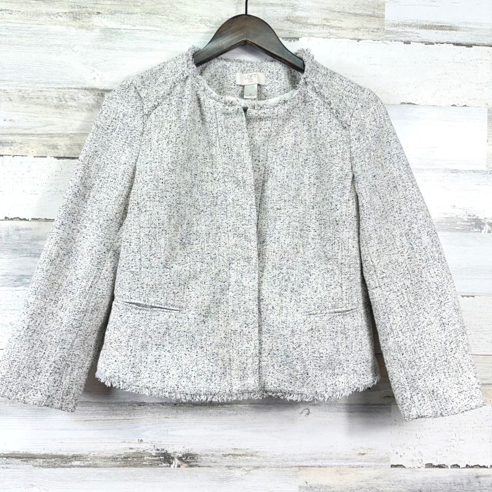 LOFT Tweed Jacket 6P White Black Fringed Snap Front Corpcore Chic Old Money